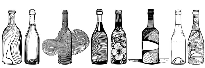 Wine Bottles Line Art Set, Hand Drawn Decorative Bottles, Floral Abstract Engraving, Vintage Sketch Vector Clipart