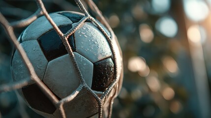 A close-up of a wet soccer ball caught in a net, with soft lighting highlighting its texture and the surrounding bokeh effect.