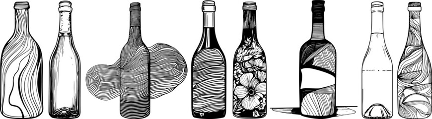 Wine Bottles Line Art Set, Hand Drawn Decorative Bottles, Floral Abstract Engraving, Vintage Sketch Vector Clipart