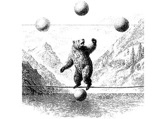 Vintage Circus Bear Juggling Engraving, Retro Animal Etching, Balancing Bear on Rope in Mountain Landscape, Vector Clipart