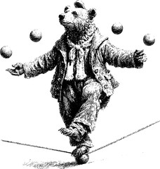 Vintage Engraved Bear Juggler on Tightrope — Retro Circus Animal Illustration, Classic Etching Vector Clipart