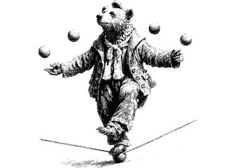 Vintage Engraved Bear Juggler on Tightrope — Retro Circus Animal Illustration, Classic Etching Vector Clipart