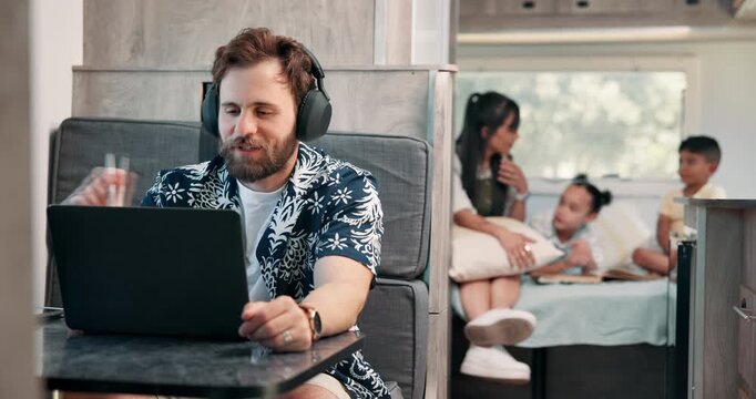 Remote work, video call and man with laptop, camper van and headphones with family, talking and internet. Parent, transportation and freelancer with computer, online communication and virtual meeting