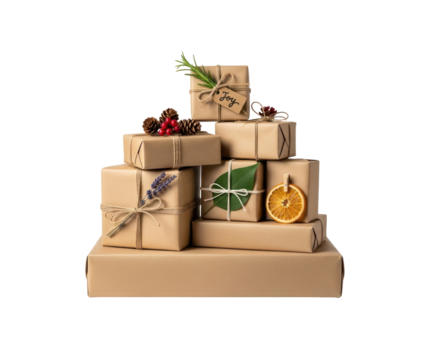 A pyramid of wrapped presents with a white background.