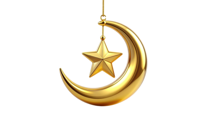 An elegant golden crescent and star ornament, hanging on a pure white background. This rich and festive symbol is ideal for designs related to Ram celebrationsr