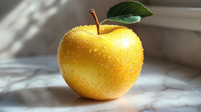 Fresh yellow apple with water droplets