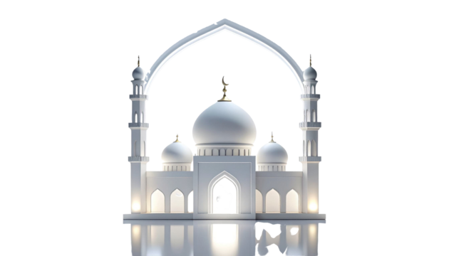 Minimalist and elegant 3D rendering of a white mosque with domes and minarets, illuminated with warm light. The clean white backdrop and reflective flooring create a calm and modern atmospheres