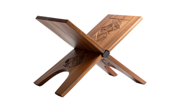 A rehal or wooden Koran chair with intricate carvings, sits on a clean white background. This object is often used to support the holy book of the Koran during reading or worship,ir
