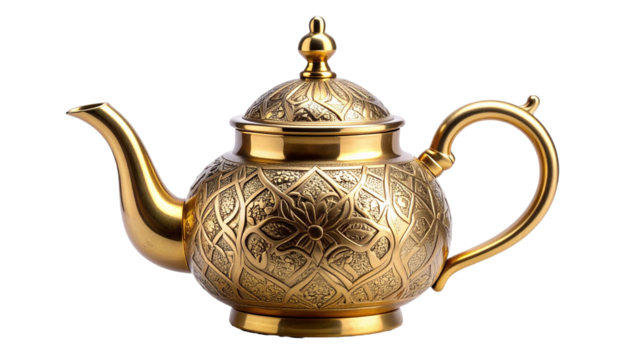 The texture and intricate patterns of this gold teapot capture the essence of traditional celebrations, perfect for Ramadan and Eid themes. A single object on a pure white background accentuates elegt