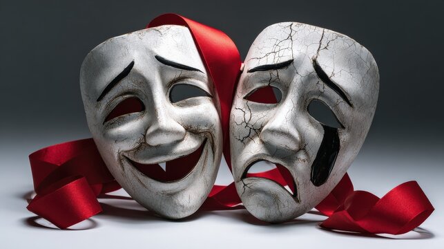 Two classic theatrical masks symbolizing comedy and tragedy