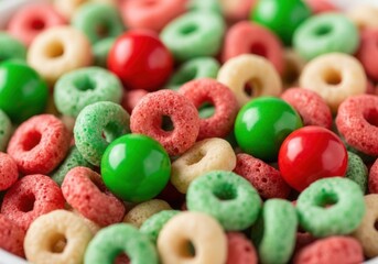 A close-up of colorful breakfast cereal loops and vibrant candy spheres in a playful, sugary mix.