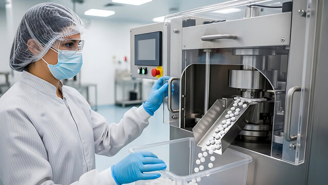 Female pharmaceutical technician overseeing automated pill manufacturing in a sterile cleanroom