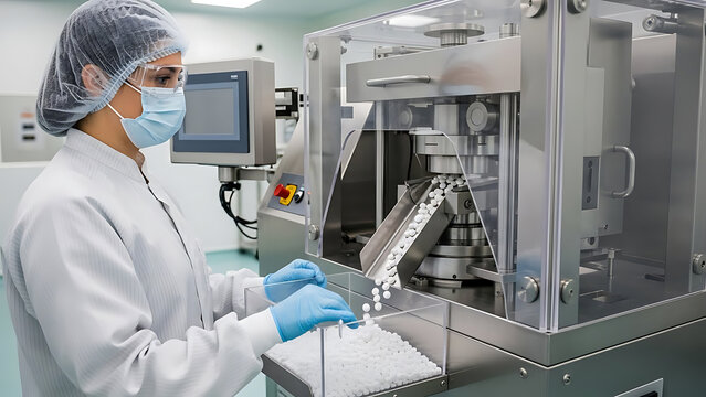 Scientist in sterile lab operating pill manufacturing machine for pharmaceutical production and quality control - Powered by Adobe