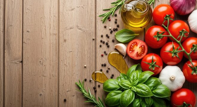 Fresh tomatoes and basil leaves on a wooden table. - Powered by Adobe