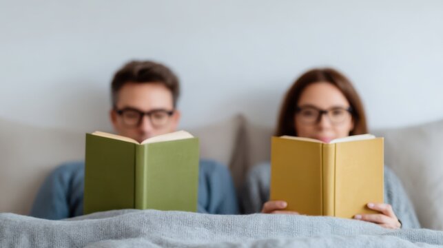A cozy scene of two people reading books together while snuggled under a blanket, promoting relaxation and shared moments.