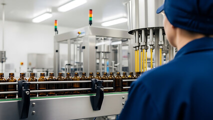 Worker monitoring automated bottling line in sterile pharmaceutical or supplement manufacturing facility