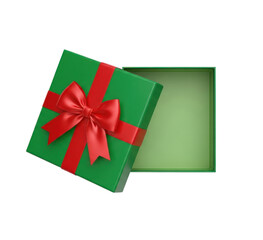 An open green gift box with a red ribbon and a green bow, revealing an empty interior.