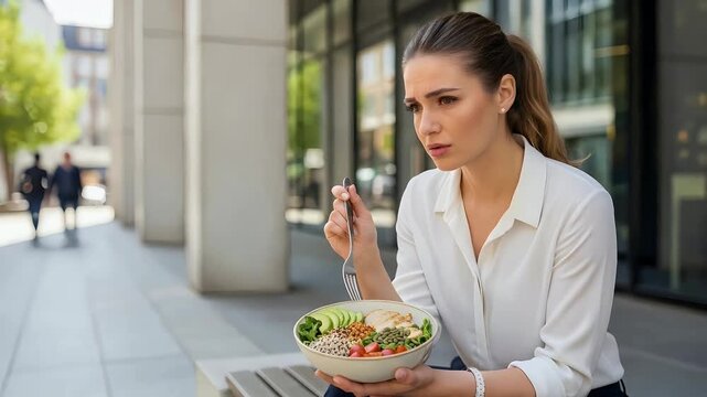 Thoughtful young woman eating a healthy lunch bowl outdoors during a work break in an urban setting.