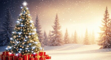 Obraz premium Christmas tree in a golden winter wonderland with snow falling and presents below, festive holiday scene.