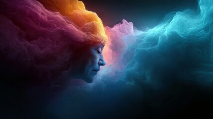 A woman's profile is silhouetted against a backdrop of colorful, swirling clouds, evoking a sense of peace and introspection.