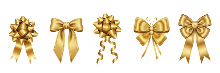 Golden bows with ribbons on a white background.