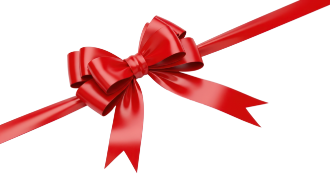 A red ribbon with a bow on a white background.