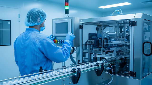 Scientist in cleanroom operating automated production line for medical or pharmaceutical manufacturing