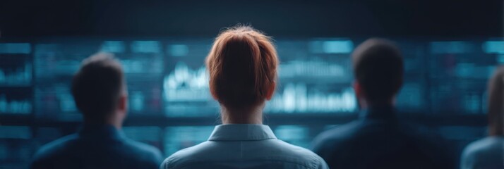 A group of individuals, seen from the back, observing digital screens displaying data and analytics in a modern, tech-driven environment.