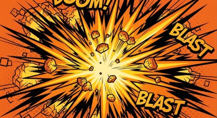 Dynamic Comic Book Explosion with Debris and Bold Text.