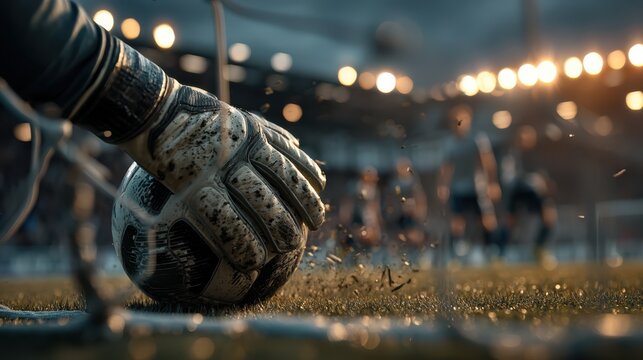 A close-up of a goalkeeper's gloved hand gripping a soccer ball, with blurred stadium lights in the background, capturing the intensity of the game.