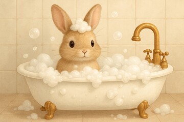 Happy Cartoon Easter Bunny Rabbit  Talking a Bubble Bath