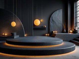 Luxury Minimalist Dark 3D Scene with Black Striped Columns, Frosted Wall Lamps and Starlight Display Platform, 8K Render