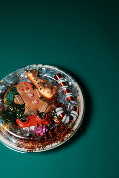 christmas decorations packed in a circular container