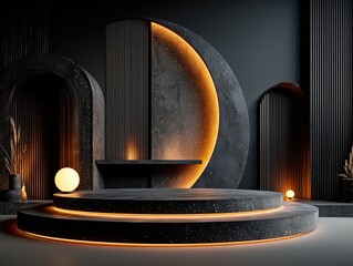 High-End Minimalist Dark Aesthetic 3D Scene: Black Striped Columns, Geometric Details, Glowing Frosted Wall Lamps and Double-Layer Platform, 8K Render