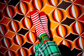 the feet of a man in striped christmas socks on a green velvet chair