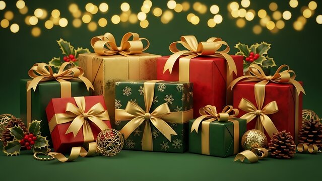 Elegant christmas gift boxes with gold ribbon and bokeh lights backdrop - Powered by Adobe