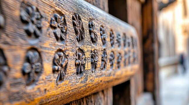 Close-up of a wooden door detail with carved floral patterns. The warm light highlights the texture and intricate design.