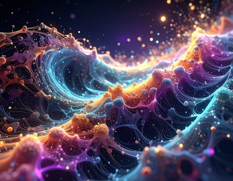 Abstract, vibrant ocean waves with glowing particles and color blend