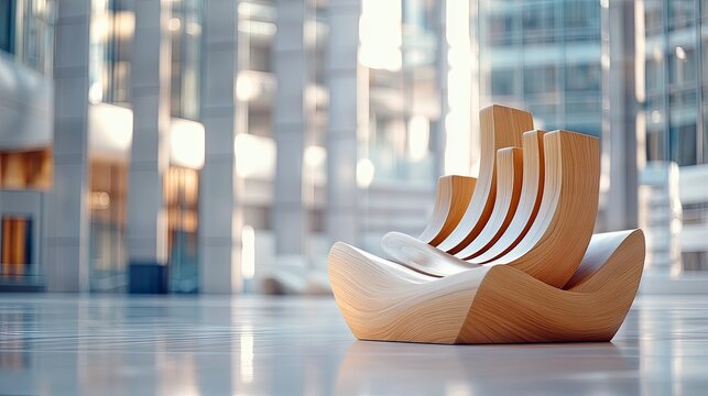 A modern wooden chair is placed in a bright, minimalist office setting, with a blurred background of a modern building and natural light.