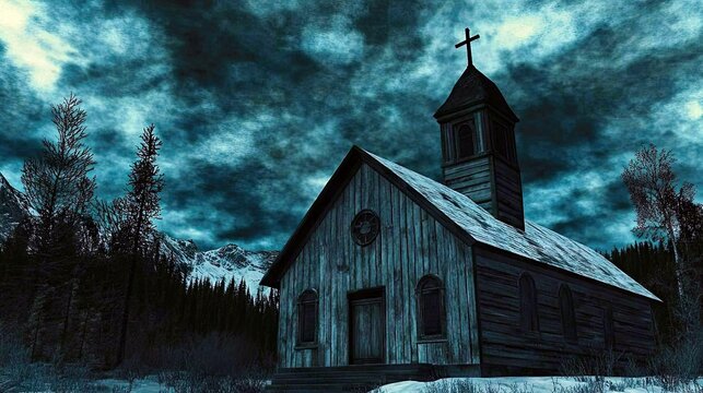 A wooden church with a cross on top, set in a snowy landscape under a dramatic, cloudy sky. The scene evokes a sense of mystery and foreboding. - Powered by Adobe