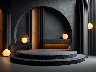 High-End Minimalist Dark Aesthetic 3D Scene: Black Striped Columns, Geometric Details with Glowing Frosted Wall Lamps and Starlight Platform, 8K Render