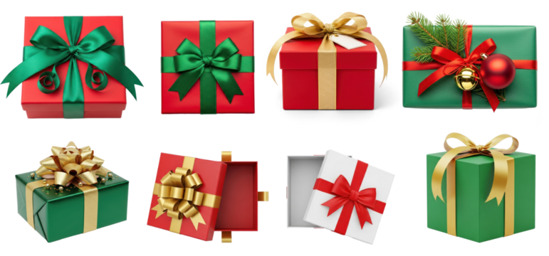 Collection of A gift box with a green ribbon on a white background.