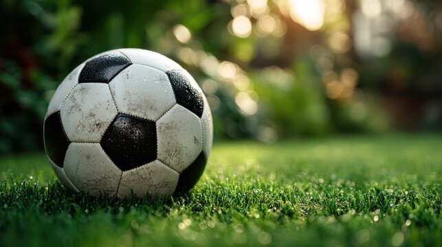 A close-up of a classic black-and-white soccer ball resting on vibrant green grass, illuminated by soft, natural light.