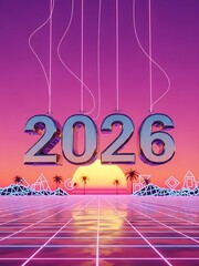 Naklejka premium Metallic 2026 Numbers Hanging Over Retro Futuristic Grid at Sunset