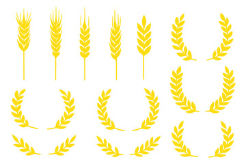 Wheat and grain stalk silhouettes, laurel wreath vector, harvest symbols, black icons, agricultural design, prosperity emblem set © Top