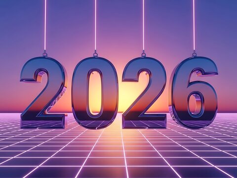 Metallic 2026 Numbers Hanging Over Retro Futuristic Grid at Sunset
