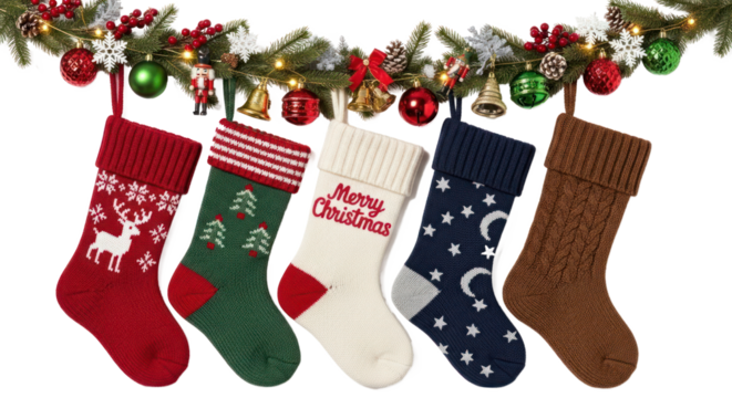 Christmas stockings hanging from a garland with ornaments and decorations.