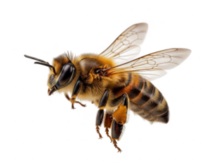 Closeup macro photograph of a honey bee flying with wings spread, isolated on transparent background