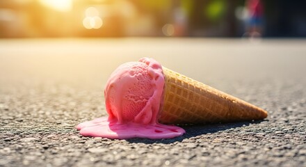 Melting ice cream cone on the ground on a sunny day, concept of summer heat