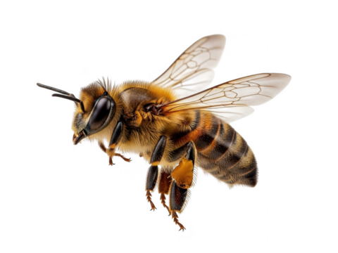 Closeup macro photograph of a honey bee flying with wings spread, isolated on transparent background - Powered by Adobe